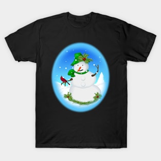 Christmas Snowman Cardinal Bird Chickadees Winter Snow Scene T-Shirt